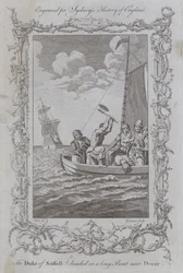 Le duc de Suffolk décapité dans une longue barque près de Douvres (gravure)