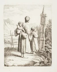 Mendiante avec deux enfants devant une image de la Madone en route vers le Tyrol