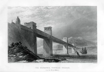 Le pont tubulaire Britannia sur le détroit de Menai, Pays de Galles, 1886