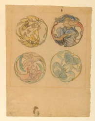 Dessin, études de fleurs (quatre dessins pour des ornements circulaires), 1880-90