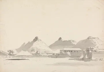 Camp militaire avec forts sur les collines derrière
