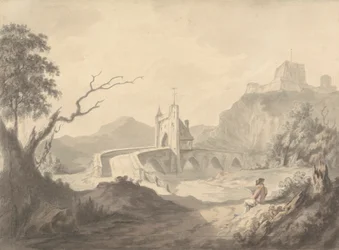 Scène de rivière et pont avec artiste dessinant au premier plan