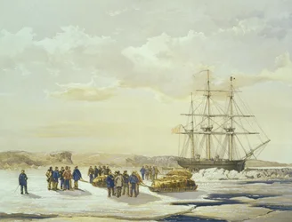 Fête en traîneau quittant le H.M.S. Investigator dans la baie de Mercy, 15 avril 1853, gravé par E. Walker, publié par Ackermann et Co., 1854