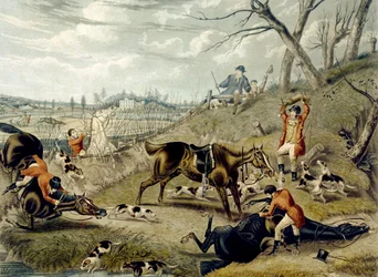La grande chasse au renard du Leicestershire, planche 4, gravé par Charles Hunt