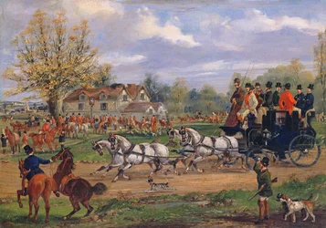 Diligence passant devant une rencontre devant une auberge, 1862