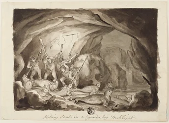 Mise à mort de phoques dans une caverne à la lueur d