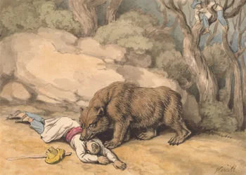 Un ours attaquant un Indien tombé