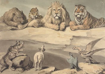 Un sanglier, un léopard, un lion, un tigre, un loup, un bélier et deux aigles
