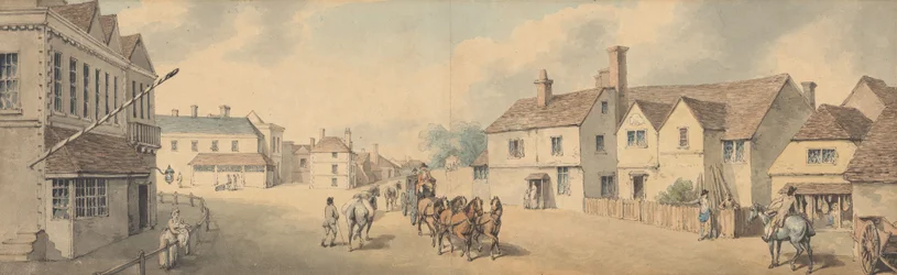 Une voiture à quatre chevaux traversant Chippenham, Wiltshire