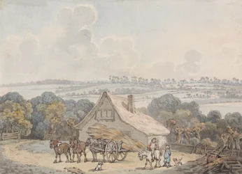 Paysage avec charrette de foin devant un cottage