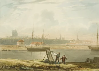 Vue sur le port flottant avec la cathédrale et les églises de la ville, c. 1825