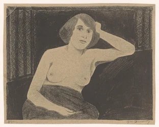 Femme nue assise sur un banc, la main contre la tête