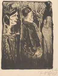 Fantaisie : à gauche deux figures avec des bonnets vers la droite, à droite une apparition gravée avec un plumage