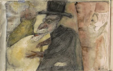 Homme avec une barbe, une canne et un chapeau haut de forme, de profil vers la gauche