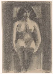 Nu féminin assis, portant des bas