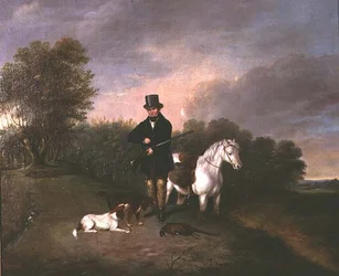 Chasseur avec des chiens et du gibier