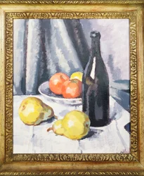 Pommes, poires et une bouteille noire sur une table drapée, c.1928