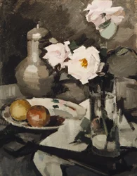 Roses roses dans un vase en verre, c. 1924