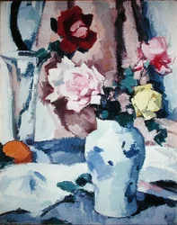 Roses dans un vase bleu et blanc