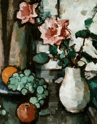Still Life of Roses and Fruit. Nature morte de roses et de fruits. Peinture de Samuel John Peploe (1871-1935 British) Collection privee