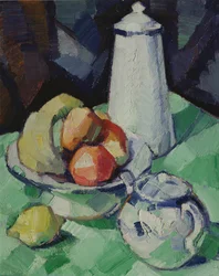 Nature morte avec théière et fruits sur une nappe verte, vers 1913