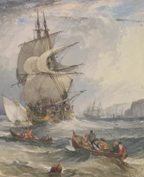 Navires à voile et petits bateaux en mer agitée au large de la côte
