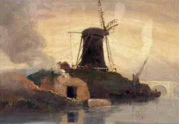 Moulin à vent et four à briques sur le bord de la rivière