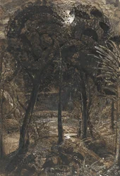 Scène au clair de lune avec une rivière sinueuse