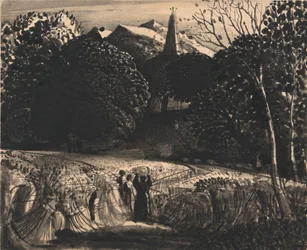 Champ de maïs et église au clair de lune
