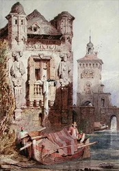 Figures dans un bateau avec des bâtiments