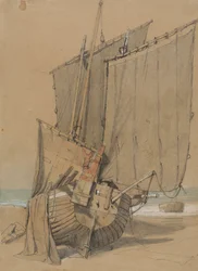 Bateaux de pêche sur la plage avec voiles séchant