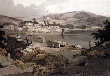 Paysage, avec rivière et village