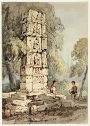 Deux personnages à côté de ruines médiévales, avec une église au loin