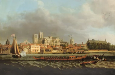 Vue de Westminster depuis Lambeth avec une barge royale au premier plan
