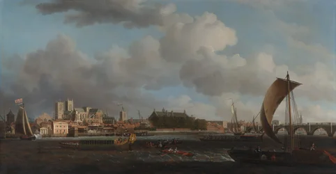 Westminster depuis Lambeth, avec la Barque Cérémoniale de la Compagnie des Ferronniers