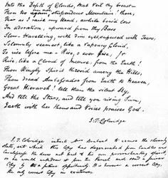 Dernières lignes du poème Hymne avant le lever du soleil dans la vallée de Chamouny de Coleridge, écrites de la main du poète et envoyées dans une lettre à Mme Brabant de Devizes, 1815