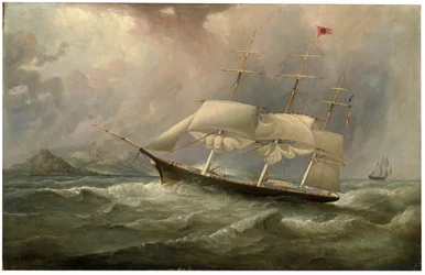 Le clipper de la Black Ball Line Ocean Chief réduisant ses voiles lors de sa course australienne