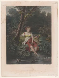 Jeune femme avec couronne de fleurs et pieds dans l