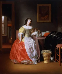 Dame en robe jaune et rouge