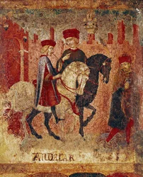 Détail des inspecteurs des impôts. Peinture sur bois décorant une Biccherna (couverture du registre comptable de la ville de Sienne) 15ème siècle. Siena Archivio di Stato, Italie