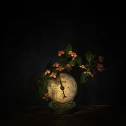 Nature morte sombre avec fleurs et balance