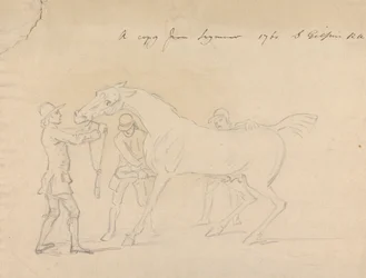 Un cheval et trois palefreniers