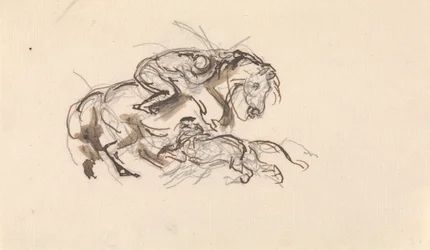 Cheval et cavalier attaqués par un lion
