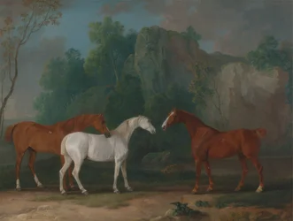 Trois chasseurs dans un paysage rocheux