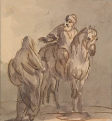 Deux personnes : une debout, une assise sur un cheval