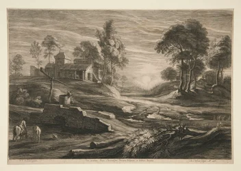 Ferme et ruisseau au coucher du soleil