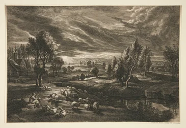 Berger et moutons au coucher du soleil