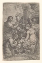 Jésus dans la crèche avec des saints