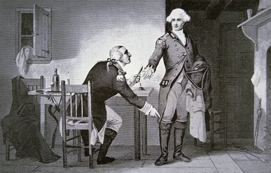 Traître américain : le général Benedict Arnold instruisant Andre de cacher des papiers dans le haut de sa botte