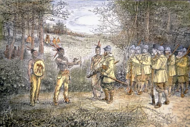 Le capitaine Miles Standish échange avec les Indiens Wampanoag en 1621